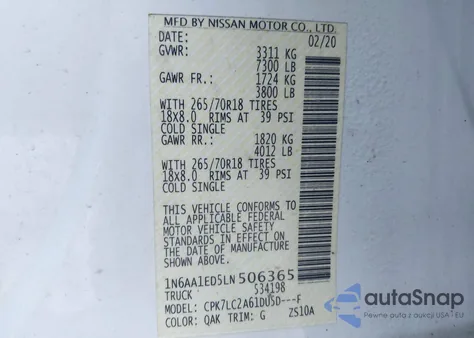 2020 Nissan Titan Sv 4X4 из США, поврежденный, VIN 1N6AA1ED5LN506365